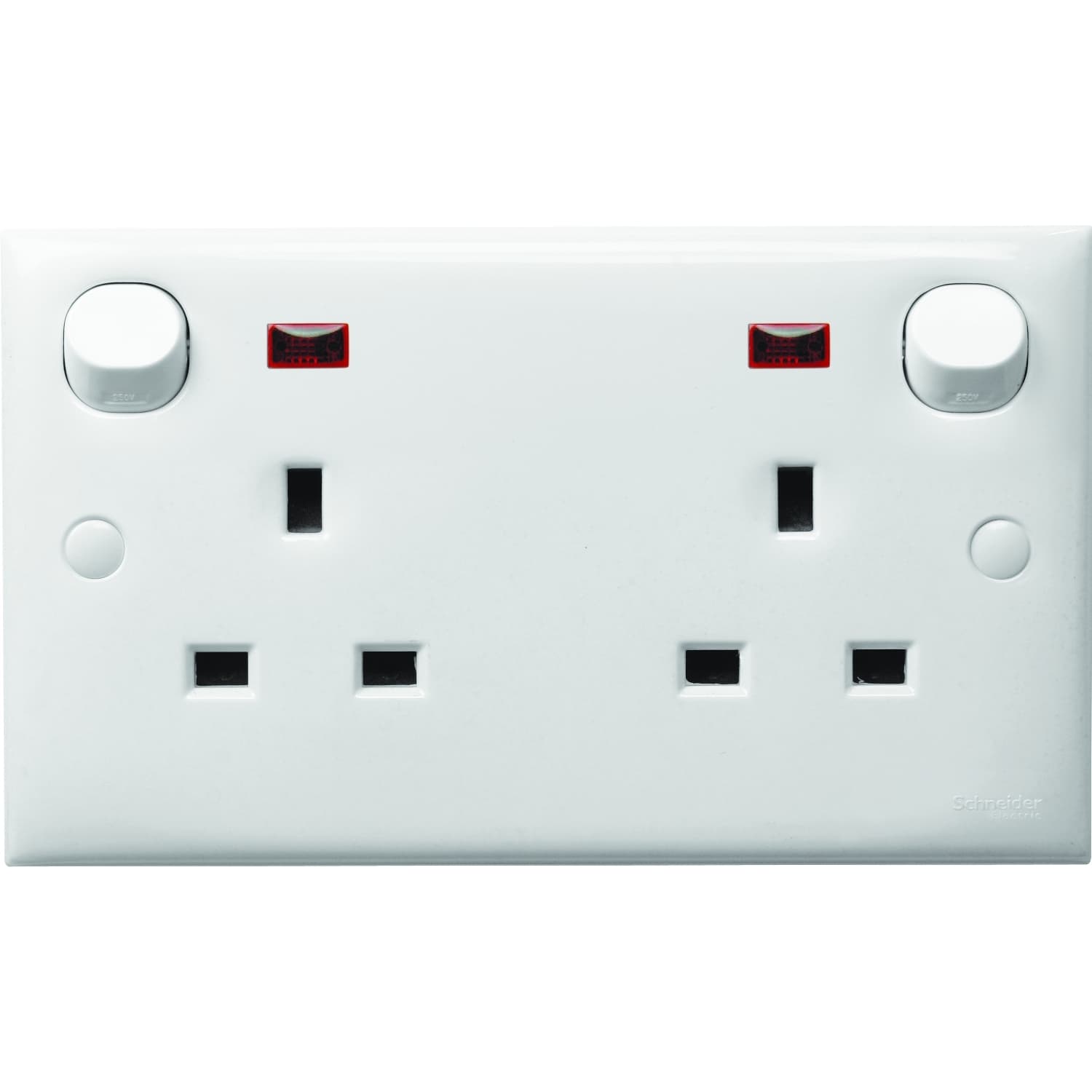 Schneider Electric E30 Series S-Classic E25N_WE 13A 2 Gang Switched Socket with Shutters and Neon, White
