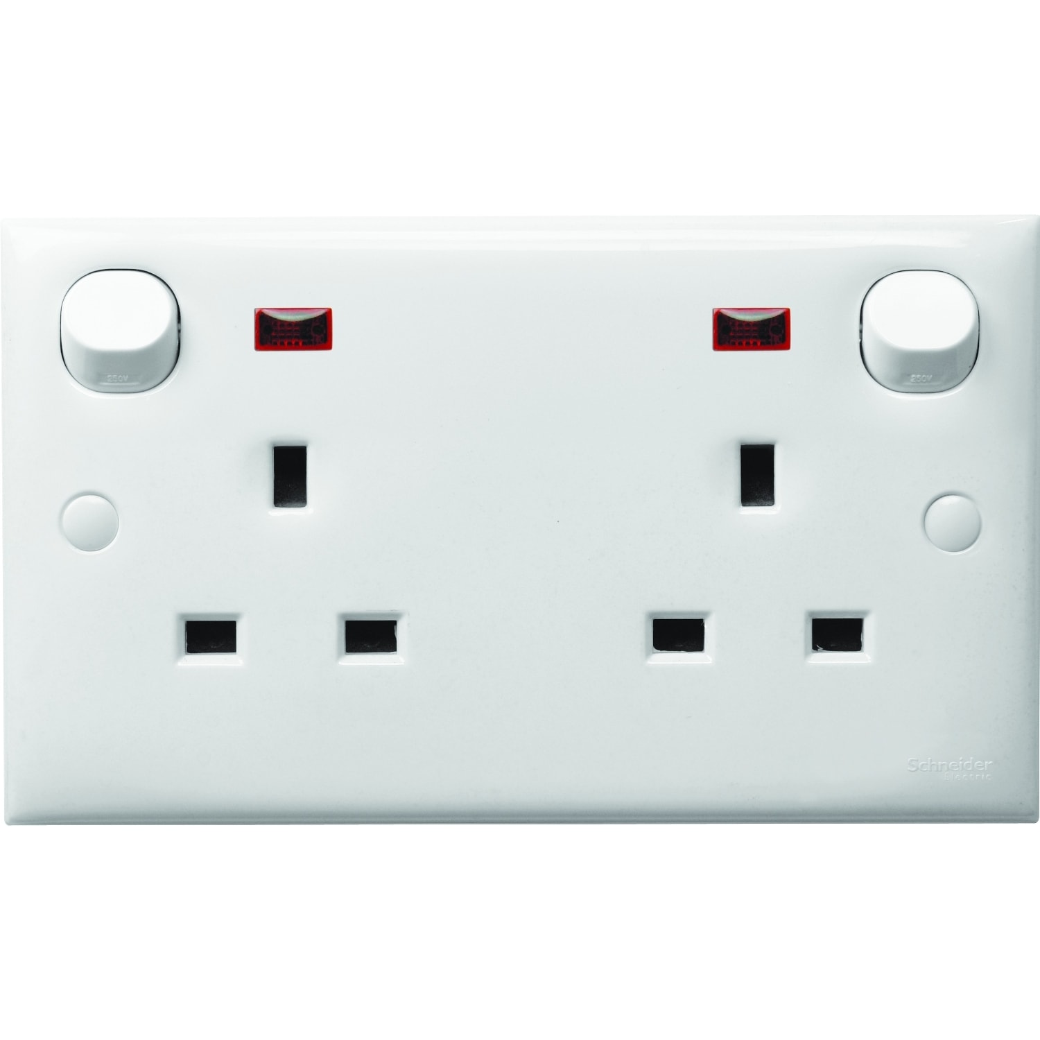 Schneider Electric E25N_WE 白色 13A 兩位連保護門有掣插座連指示燈正面圖