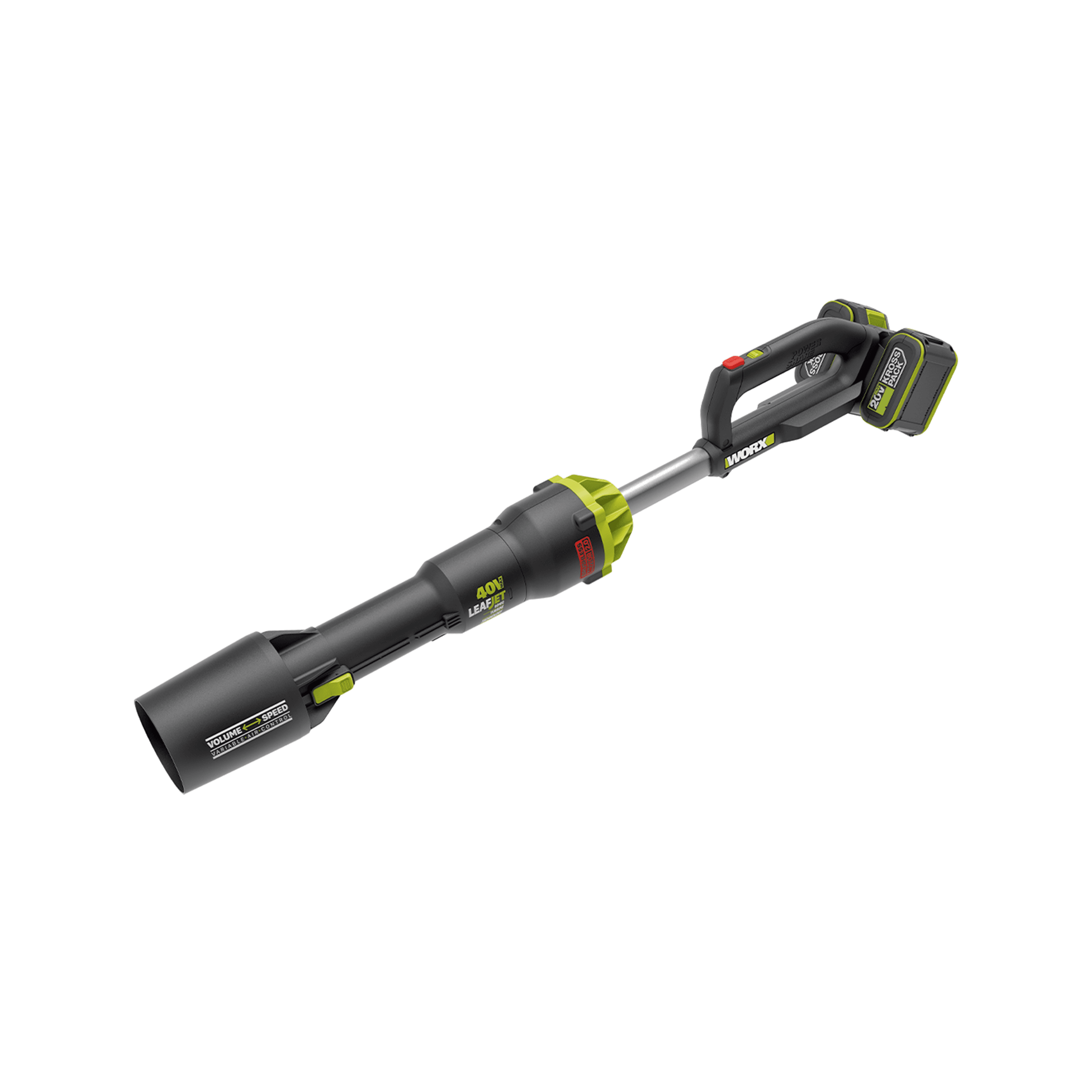 WORX 威克士 WD585.9 40V 無刷鋰電渦輪吹風機(淨機)白底立體產品圖,可見伸縮虹吸管、Turbo 按鍵及 VOLUME/SPEED 可調風嘴(圖中 20V 鋰電池為另購配件,不隨淨機附送)