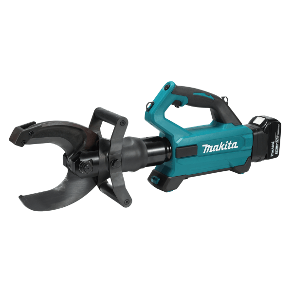 Makita 牧田 DTC104ZK 18V 充電式電纜剪斷機整機側面圖,可見剪刀型開放式刀片及提把