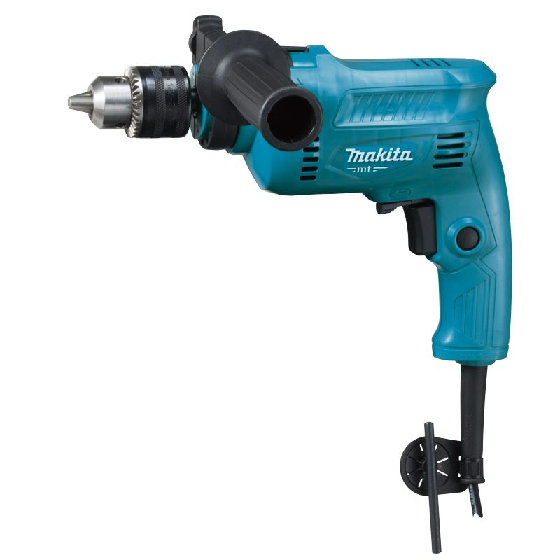 Makita 牧田 M0801BX1 500W 衝擊電鑽側面全機圖,藍色機身配有匙式鑽夾頭及可旋轉側柄