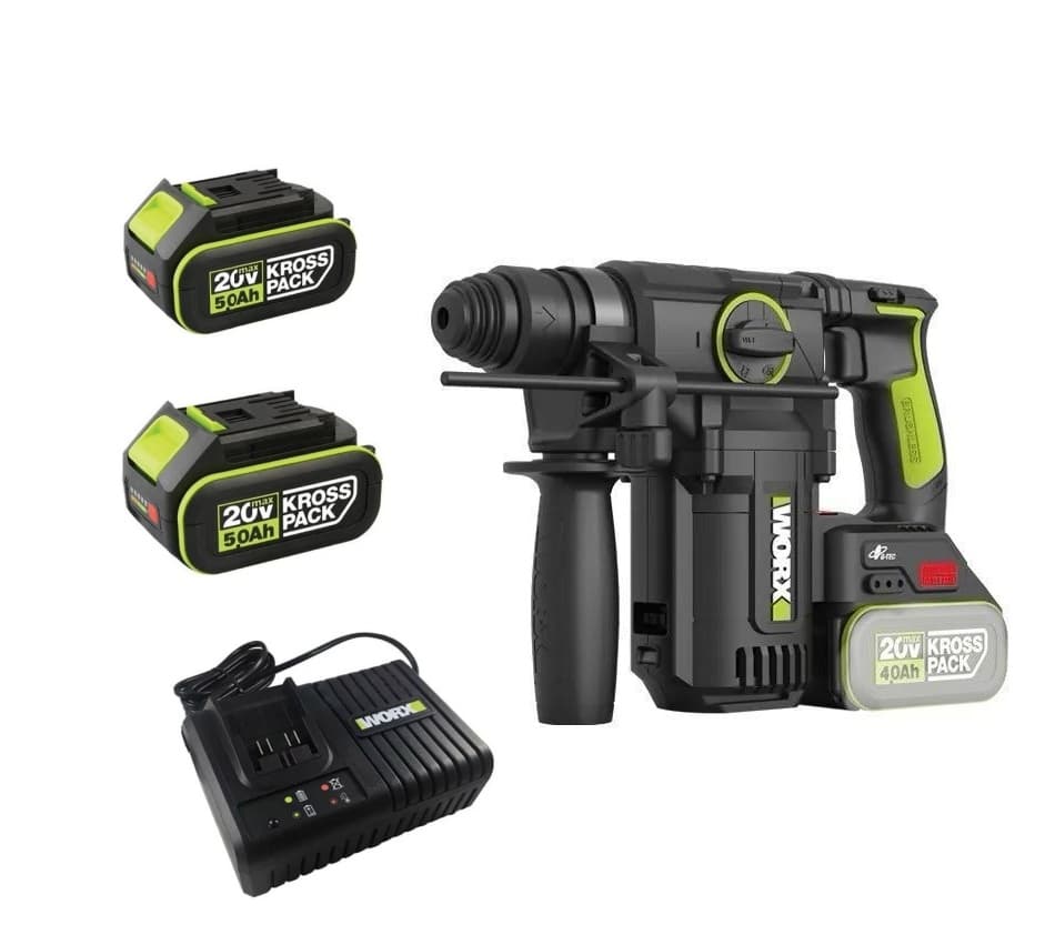 WORX WU385.3 20V 24mm Brushless Cordless Rotary Hammer Kit (2 x 5.0Ah Batteries + 6A Charger)