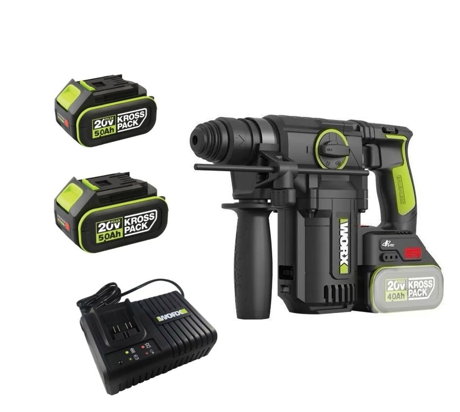 WORX 威克士 WU385.3 20V 24mm 無刷三用電錘套裝:主機連側手柄、20V 5.0Ah 鋰電池兩枚及快速充電器