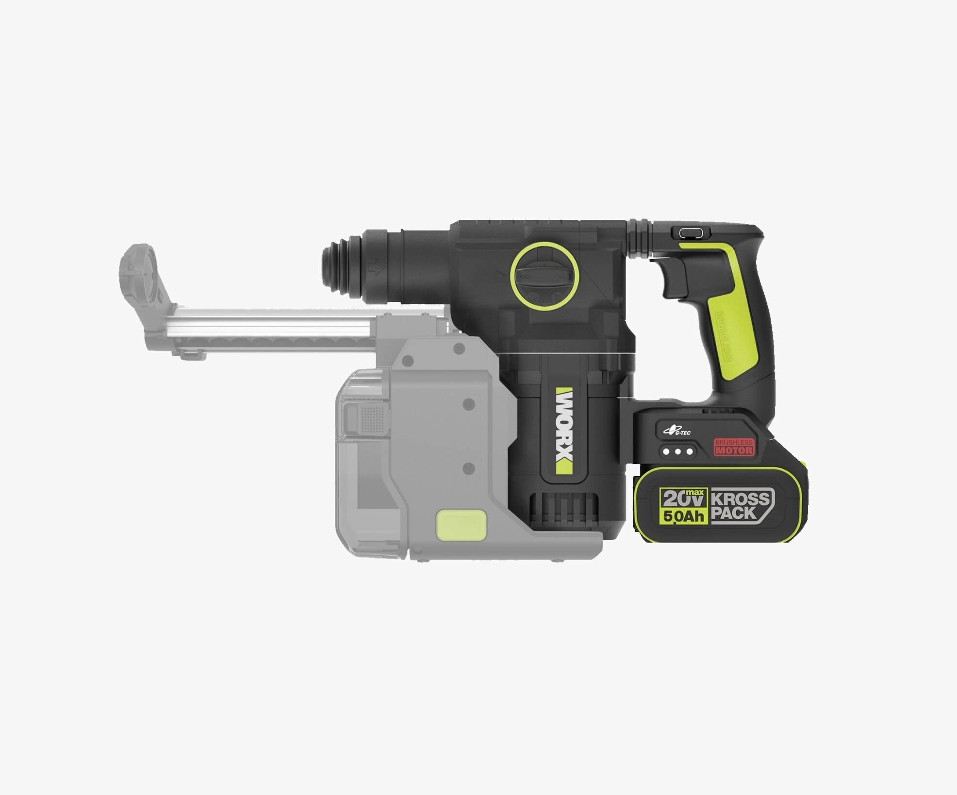 WORX 威克士 WU385 20V 無刷三用電錘側面圖,裝上 20V 5.0Ah 鋰電池(淺灰色部分為選配 WA1603 集塵盒,需另購)