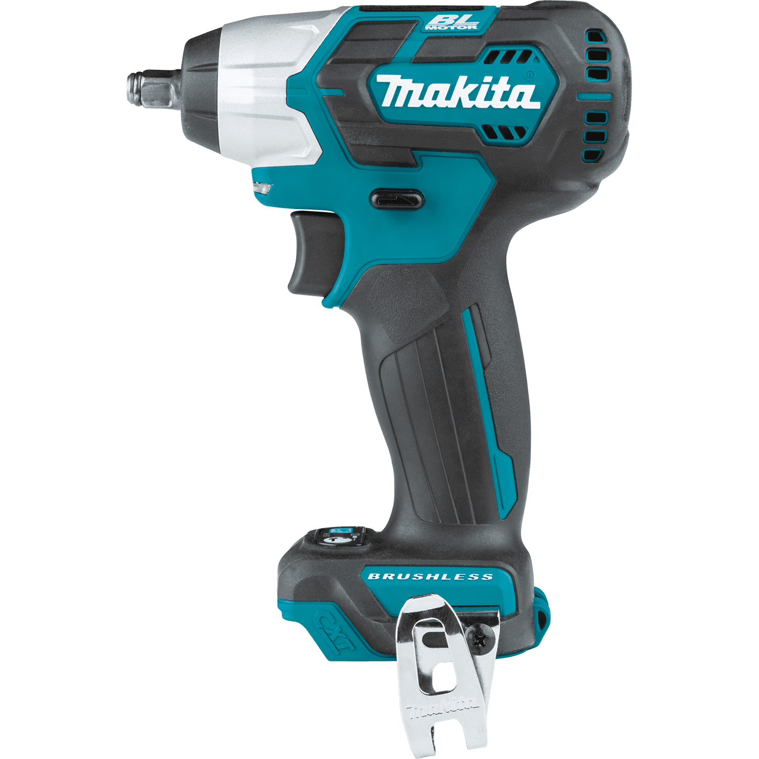 Makita 牧田 TW160DZ 12V 無刷充電扳手淨機側面圖,機身裝有掛勾