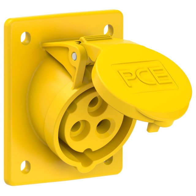 CEE 413-4 盤面斜插座 16A 3針 110V 黃色(正面)
