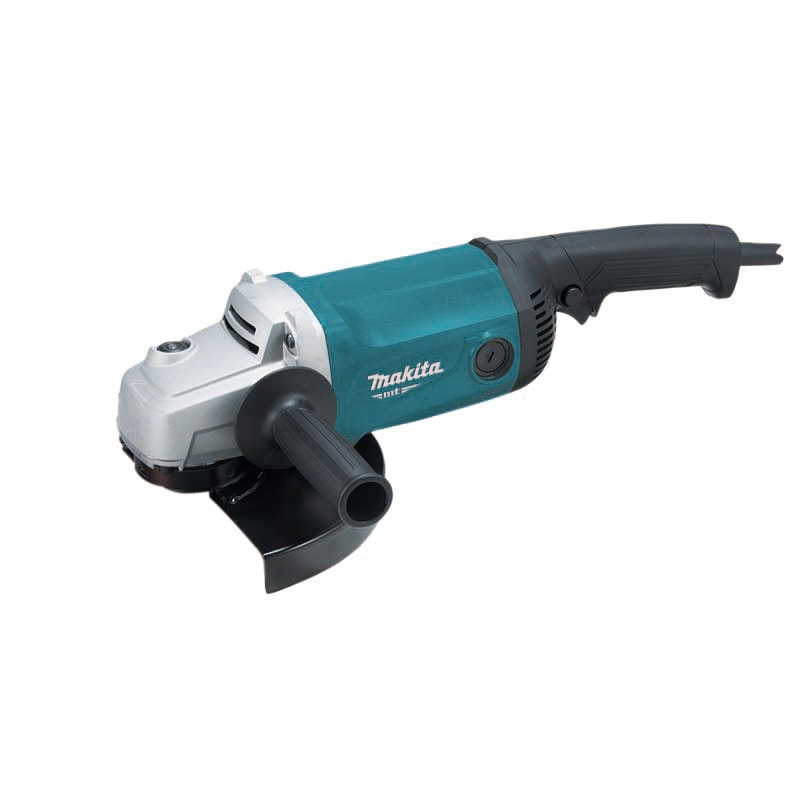 Makita 牧田 M0921B(MN) 230 毫米角向磨光機,藍色機身配銀色齒輪箱、黑色砂輪護罩及側柄,未裝砂輪片