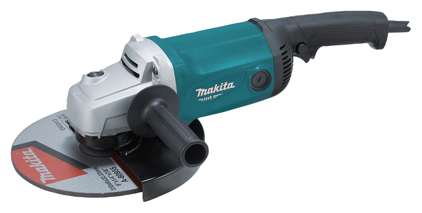 Makita 牧田 M0921B(MN) 角向磨光機側面圖,顯示按鈕式主軸鎖定及後置手柄,圖中砂輪片只作示意用途