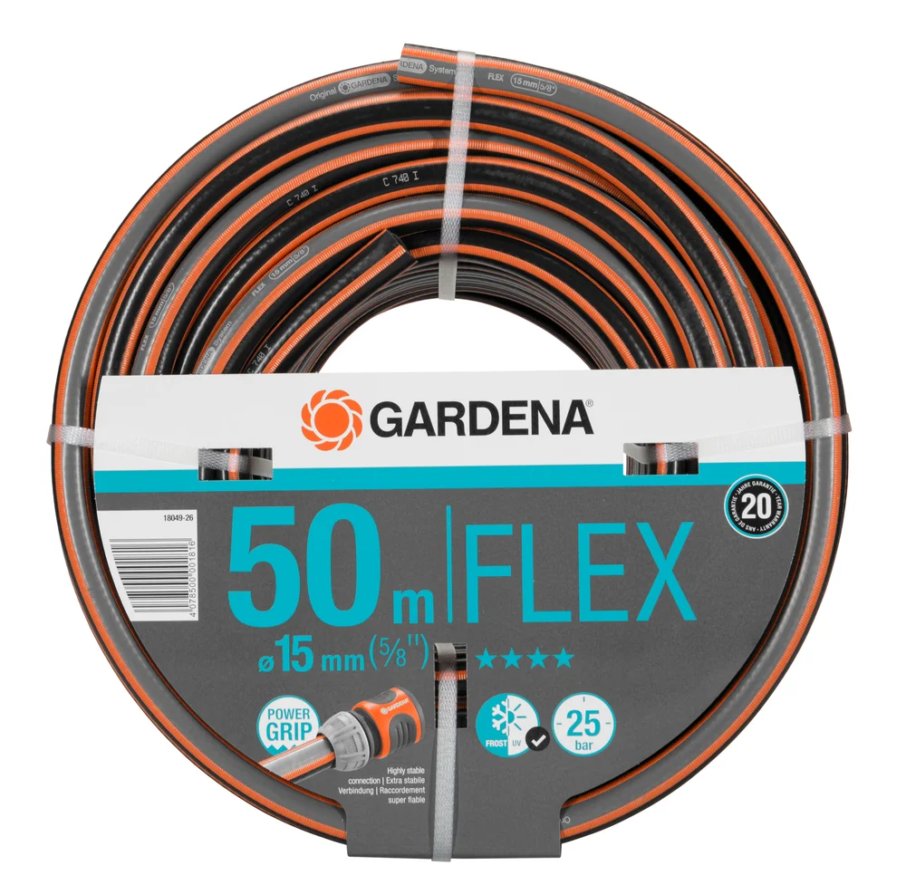 德國 GARDENA 18049-26 Comfort FLEX 花園水管 15毫米(5/8吋)50米 白底產品圖