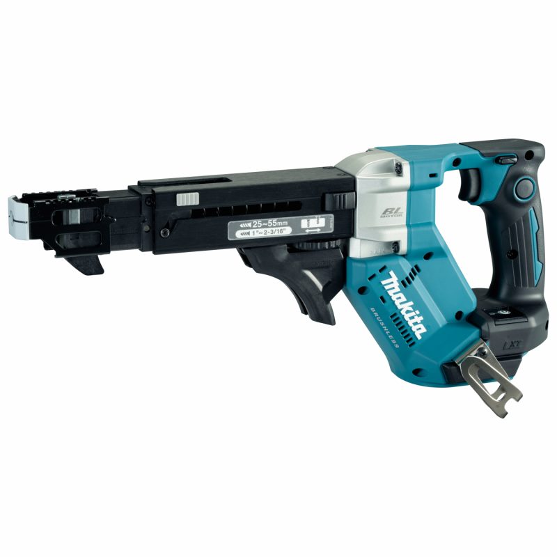 Makita 牧田 DFR551Z 18V 自動送料螺絲刀淨機主圖,藍黑色機身配黑色鋁合金導槽,不連電池