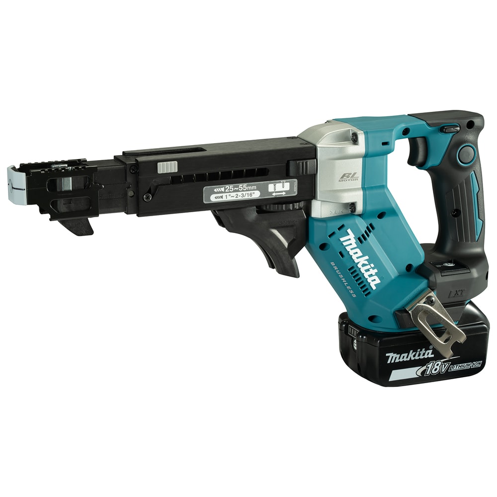 Makita DFR551Z 自動送料螺絲刀左前方立體角度,可見 BL 無刷馬達標誌及 25 - 55 mm 螺絲長度標示