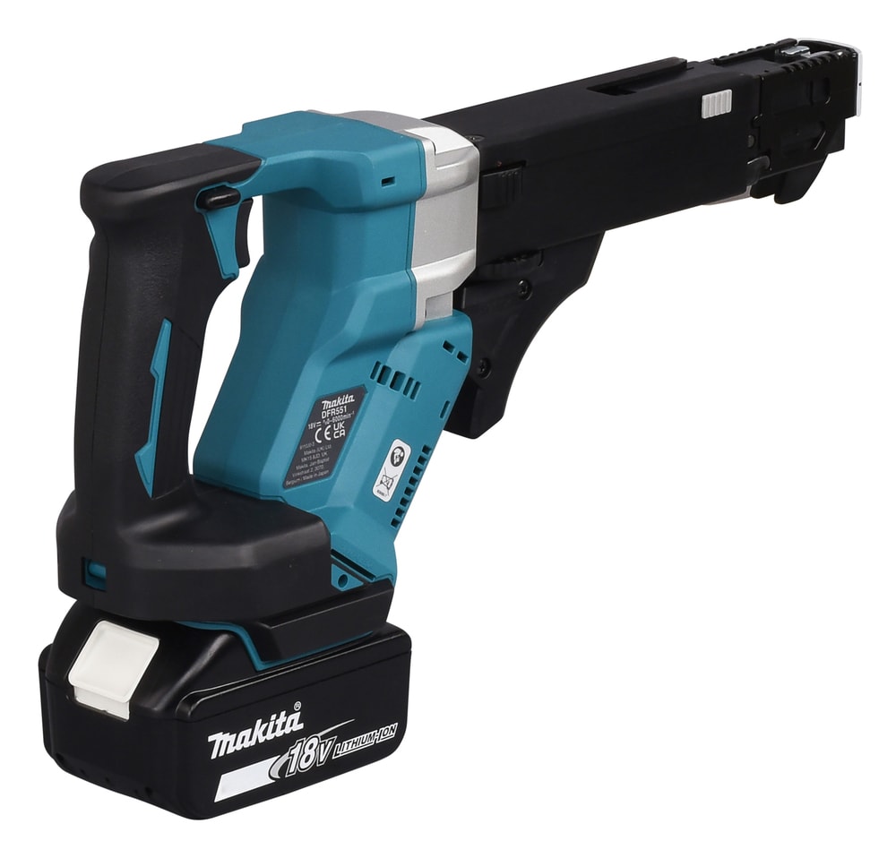 Makita DFR551Z 自動送料螺絲刀後方立體角度,展示人體工學軟膠手柄、扳機及機身型號標籤