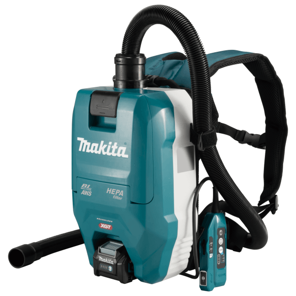 Makita 牧田 VC009GZ01 40V 充電式背負集塵機淨機全機外觀,附背帶、旋轉軟管及手持控制器