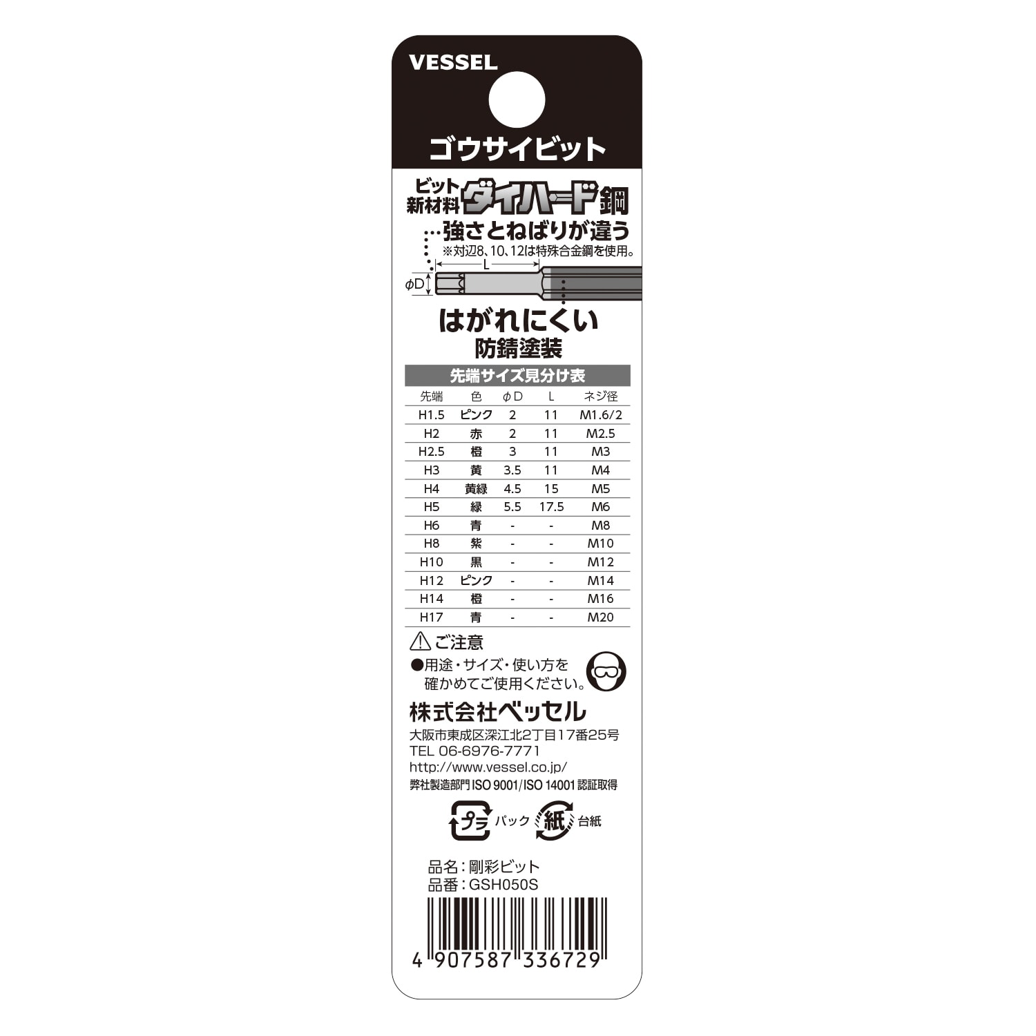 VESSEL GSH050S 剛彩六角批咀 H5mm x 65mm(包裝背面)