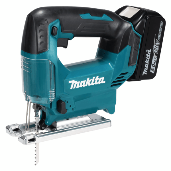 Makita 牧田 DJV186Z 充電式曲線鋸側前方角度,可見鋸片與鋁底板