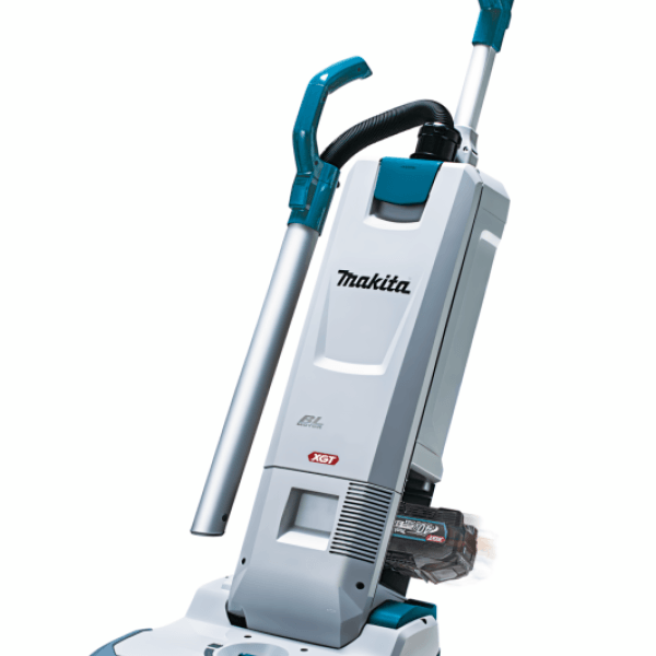 Makita VC010GZ 直立吸塵機機身上半部、把手及旋轉軟管特寫(圖中電池另購)