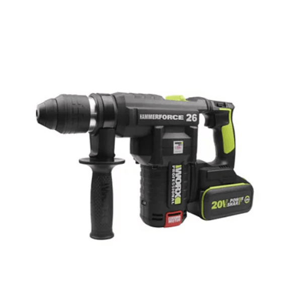 WORX 威克士 WU399.2 無刷鋰電二用電錘 立體角度,機身標示 HAMMERFORCE 26,連 20V MAX POWERSHARE 鋰電池及輔助手柄