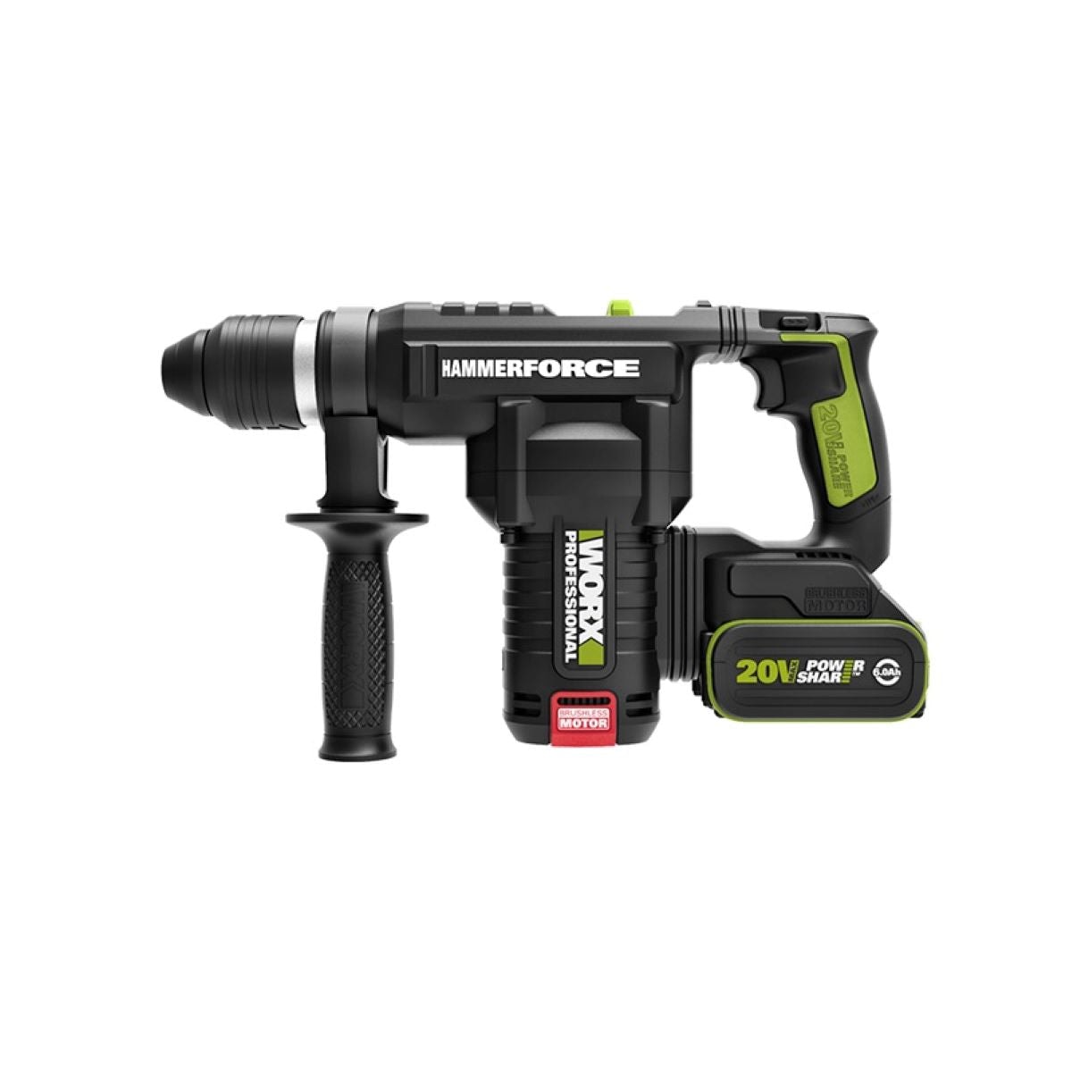 WORX 威克士 WU399.2 20V 26mm 無刷鋰電二用電錘 主機側面連 6.0Ah 鋰電池及輔助手柄