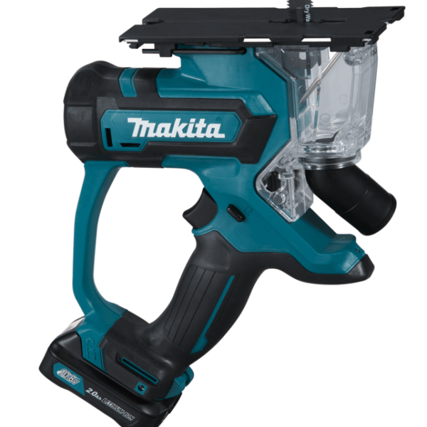 Makita 牧田 SD100DZ 12Vmax 充電式石膏板切斷機淨機側面全機圖,配透明集塵罩及石膏板專用鋸片