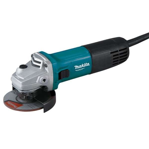 Makita 牧田 M9509B(110V) 角向磨光機側面角度圖,顯示砂輪片護罩及機身散熱孔