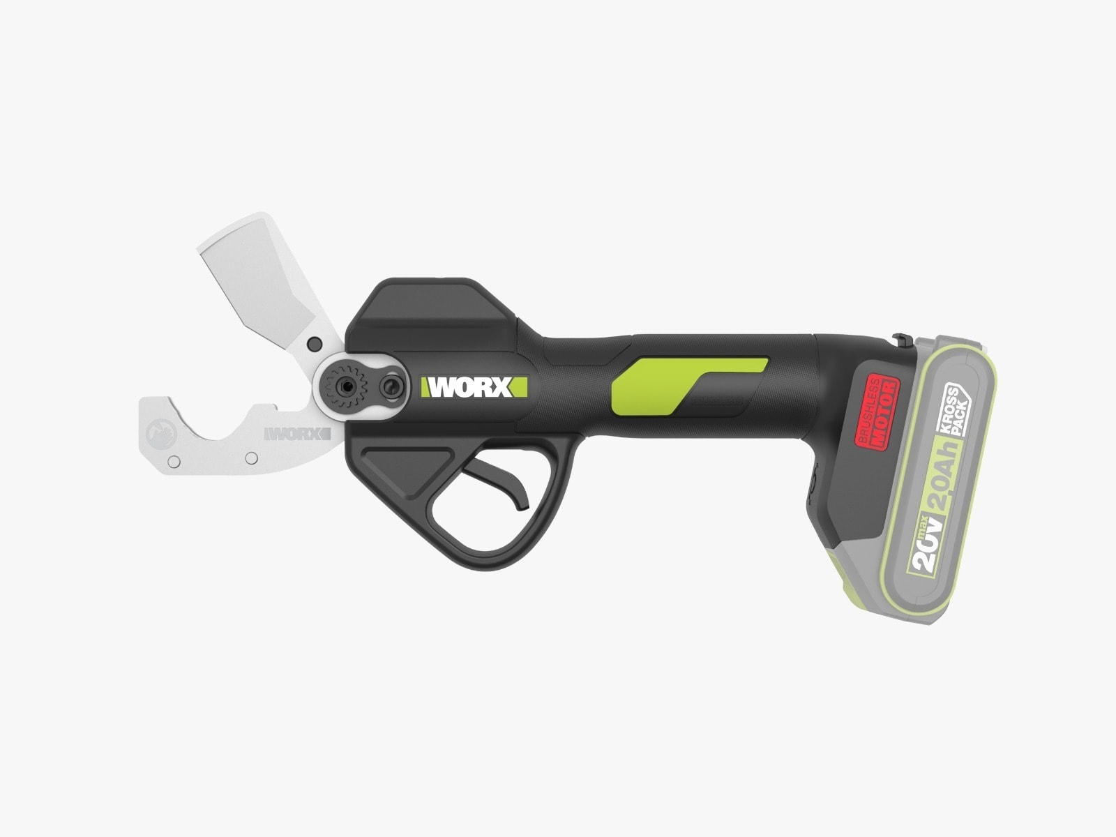 WORX 威克士 WU571G.9 20V 無刷 PVC 電剪刀主機側面白底產品圖,可見 SK5 合金刀頭及包膠手柄(圖示 20V 鋰電池為另購配件,淨機不含電池及充電器)