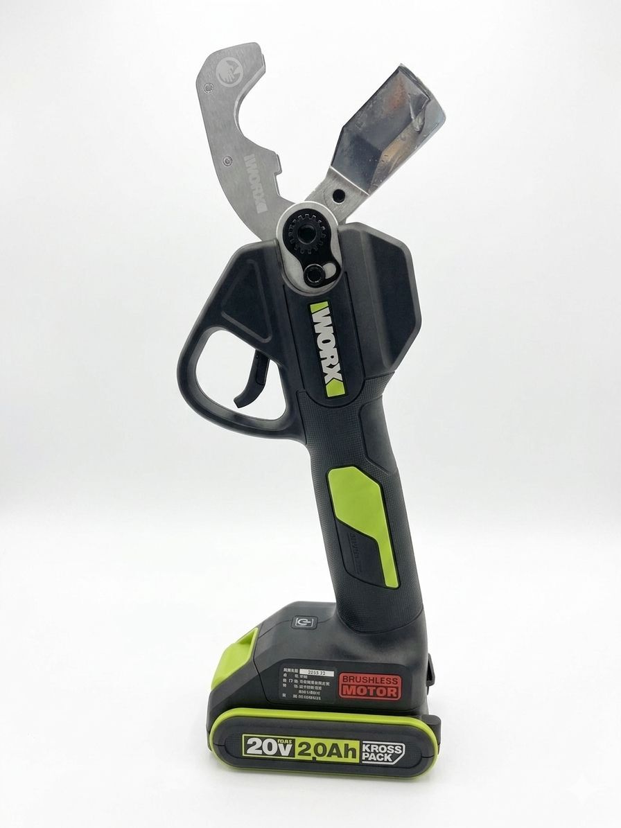 WORX 威克士 WU571G.9 20V 無刷 PVC 電剪刀正面直立白底實物圖,可見刀頭開口及扳機(圖示 20V 鋰電池為另購配件,淨機不含電池及充電器)