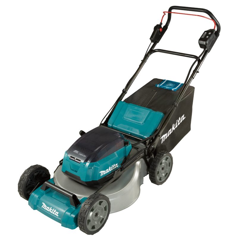 Makita 牧田 DLM530Z 充電剪草機正面斜角外觀,配集草箱及可摺疊手柄