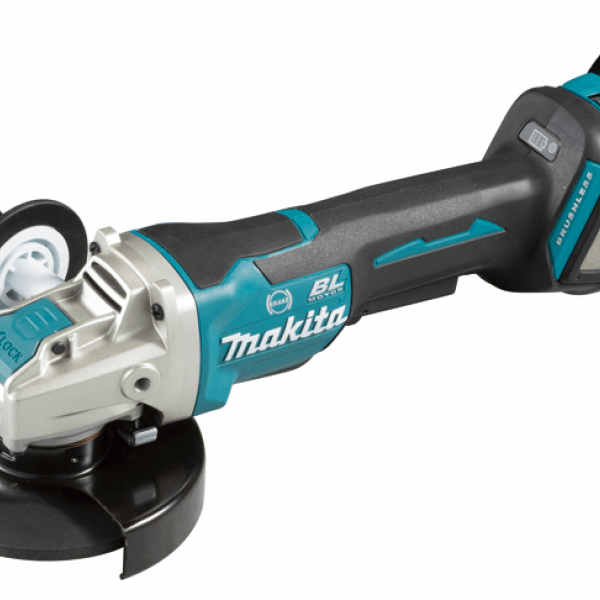 Makita 牧田 DGA519Z 18V 充電式角向磨光機側面全機圖,配 125mm 護罩及 X-LOCK 裝置