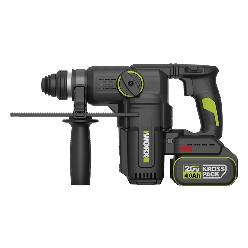 WORX 威克士 WU391T 20V 26mm 無刷鋰電三用電錘連輔助手柄、深度尺及 20V 鋰電池 正側面產品圖