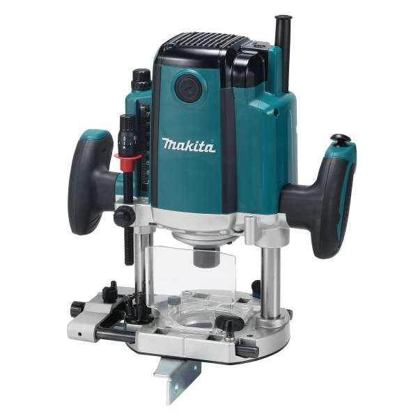 Makita 牧田 RP1803 柱塞式電木銑正面全機圖,可見雙握把、柱塞柱及透明底座