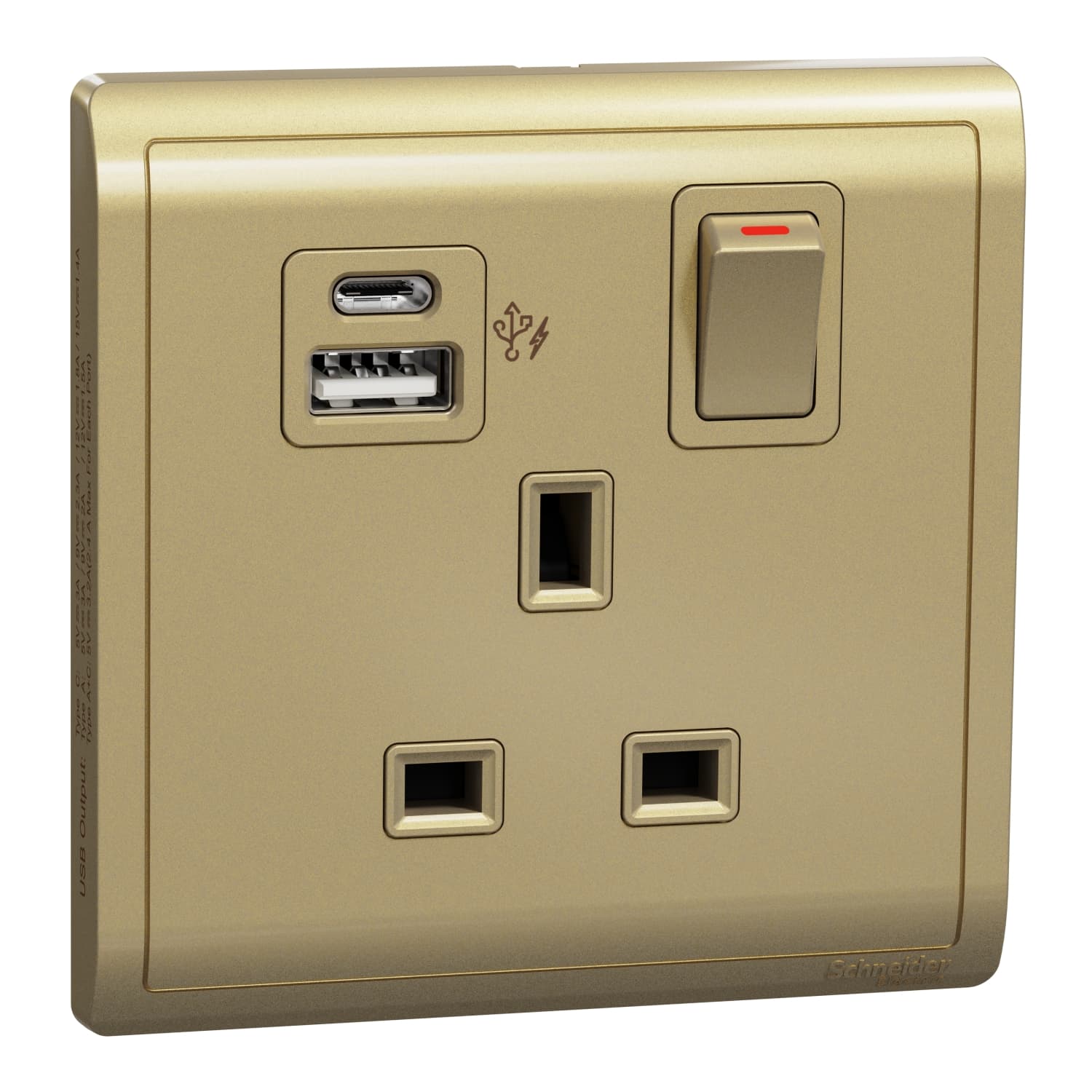 Schneider 施耐德電氣 Pieno 丰尚 13A 單位連保護門有掣雙極插座連兩位USB快速充電插座 Type A+C E8215DACUSB_WG(沉醉金)香港行貨