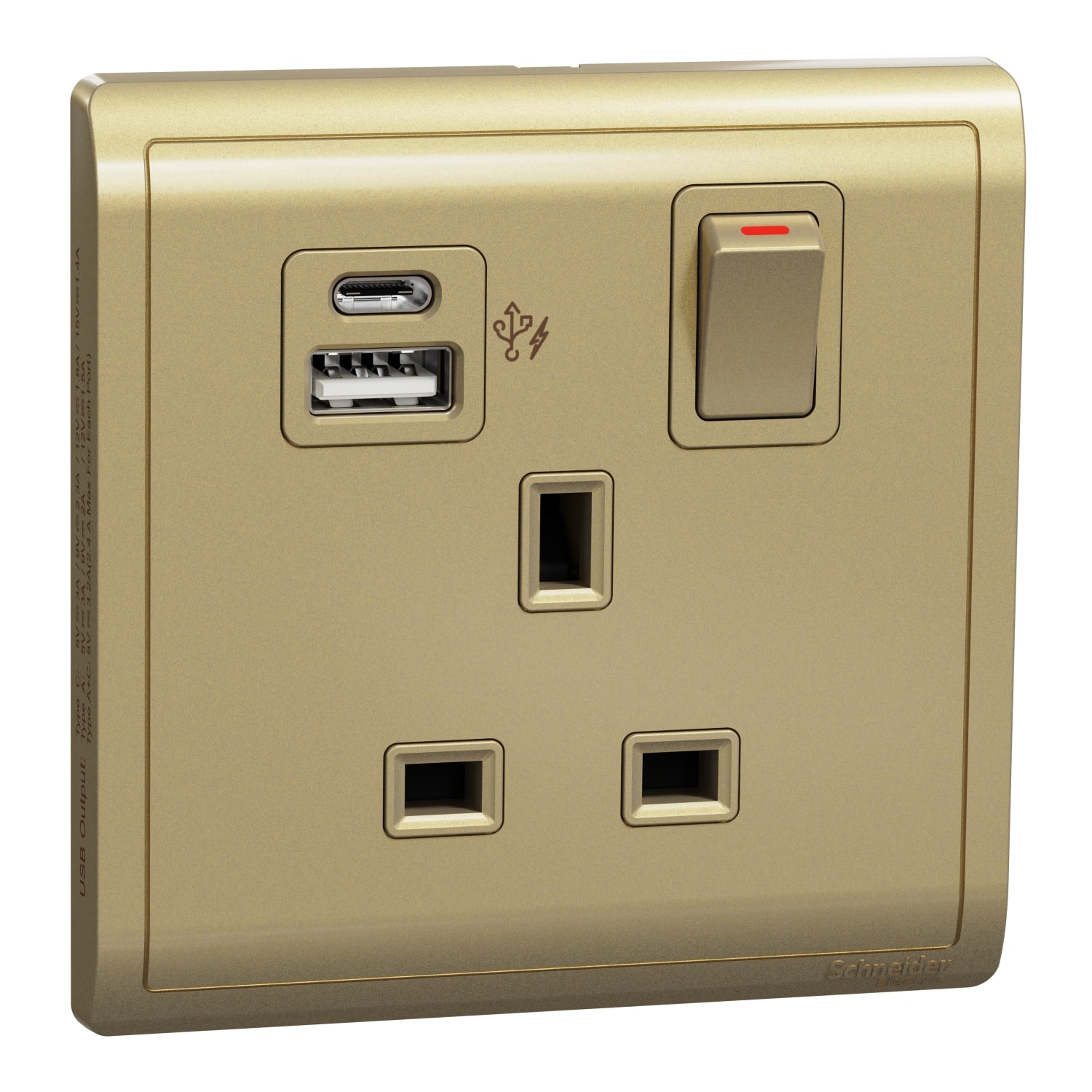 Schneider 施耐德 Pieno 丰尚 13A 單位連保護門有掣雙極插座連兩位USB快速充電插座 Type A+C(沉醉金)E8215DACUSB_WG