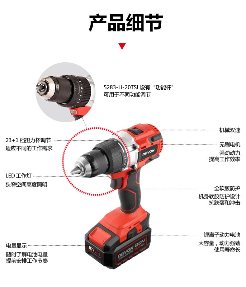 Devon 大有 5283-Li-20TSIQ 20V 充電式無刷衝擊電鑽 (淨機)(香港行貨)