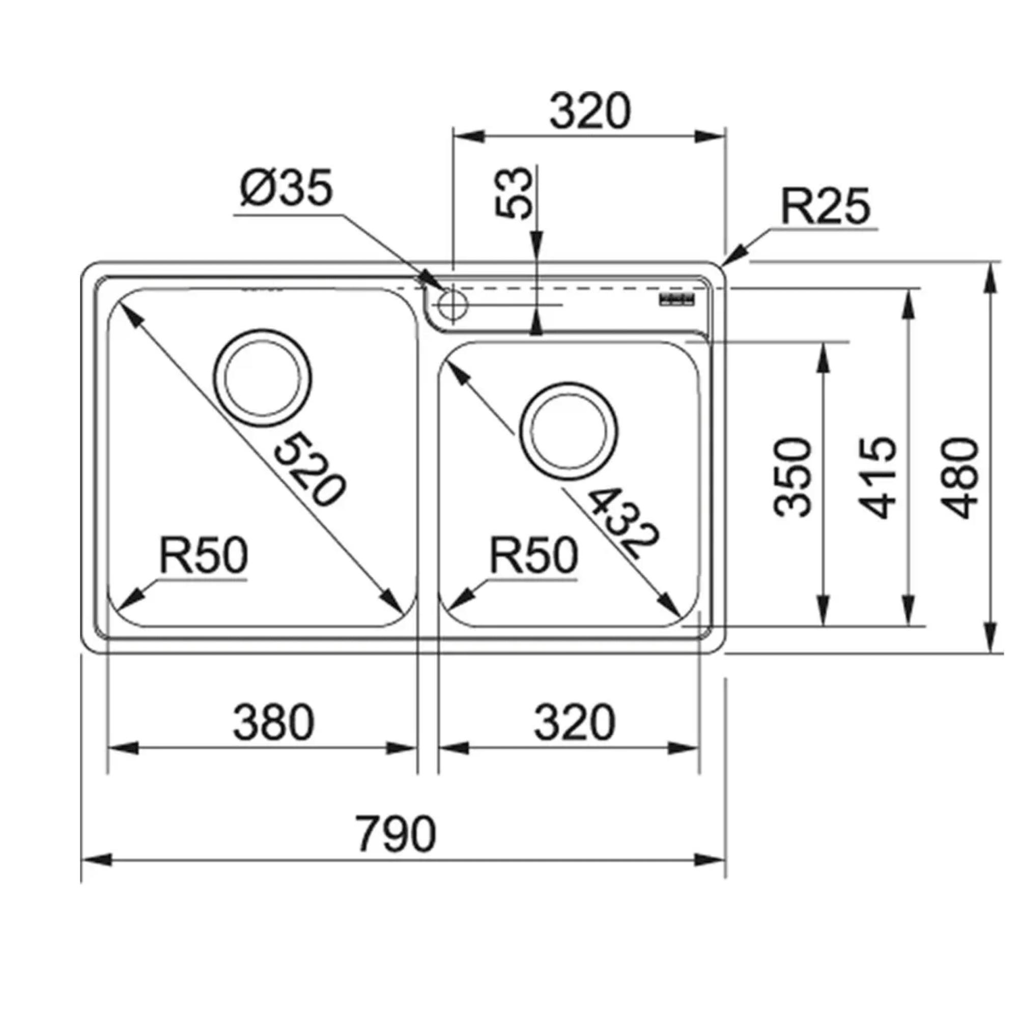 FRANKE BCX 620-38-32 (101.0393.027) Bell 不銹鋼檯面雙星盆 790x480mm 銀色