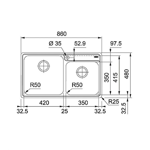 FRANKE BCX 620-42-35 (101.0438.090) Bell 不銹鋼檯面雙星盆 860x480mm 銀色