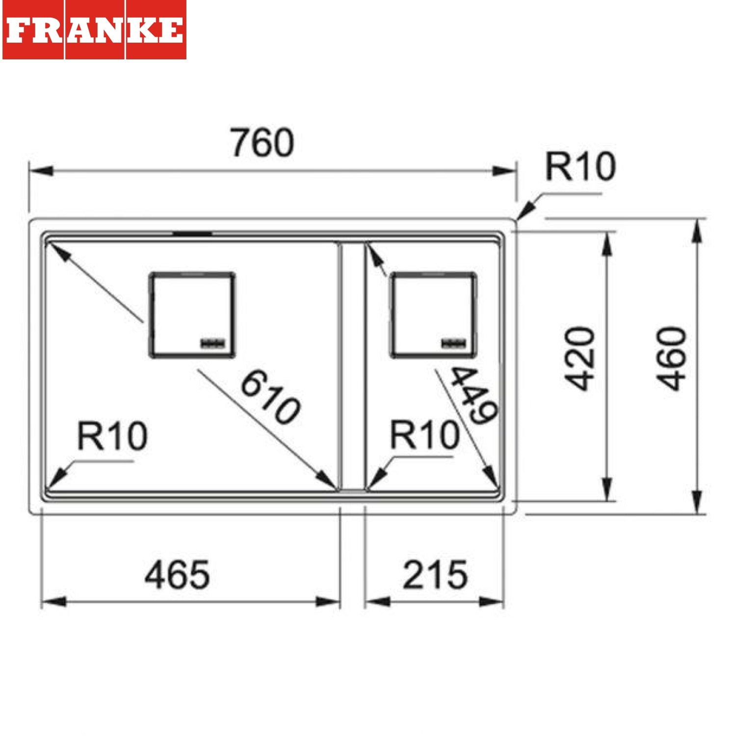 FRANKE KNG 120 (125.0529.860) Kubus 2 花崗岩 檯底 雙星盆 760x460mm 瑪瑙黑