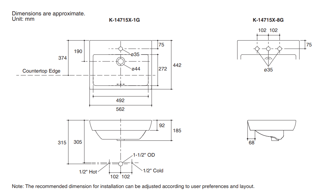KOHLER K-14715X-1-0 PARLIAMENT 檯上式面盆 (單龍頭孔)