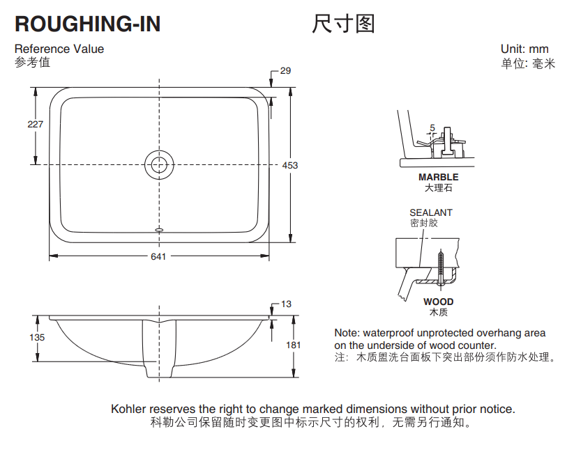 KOHLER K-20414T-0 CAXTON 23" 長方形檯下式面盆