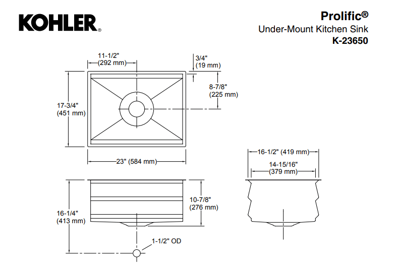 KOHLER K-23650T-C-NA PROLIFIC® 23” 下崁式廚房鋅盆 ( 包括砧板、浸泡籃、瀝水籃及瀝水板)