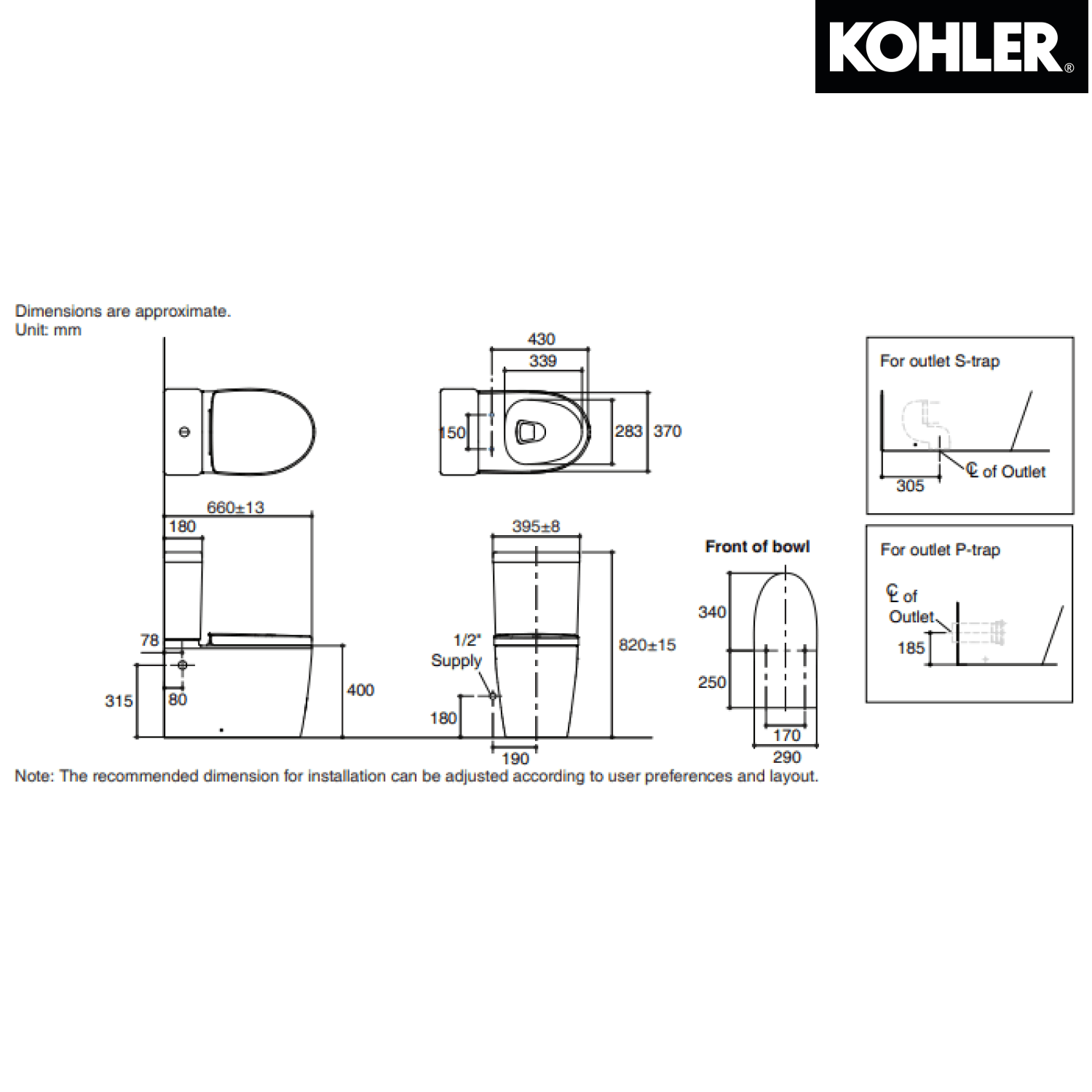 KOHLER K-24098K-0 PARLIAMENT™ GRANDE 分體式自由咀座廁( 貼牆廁)