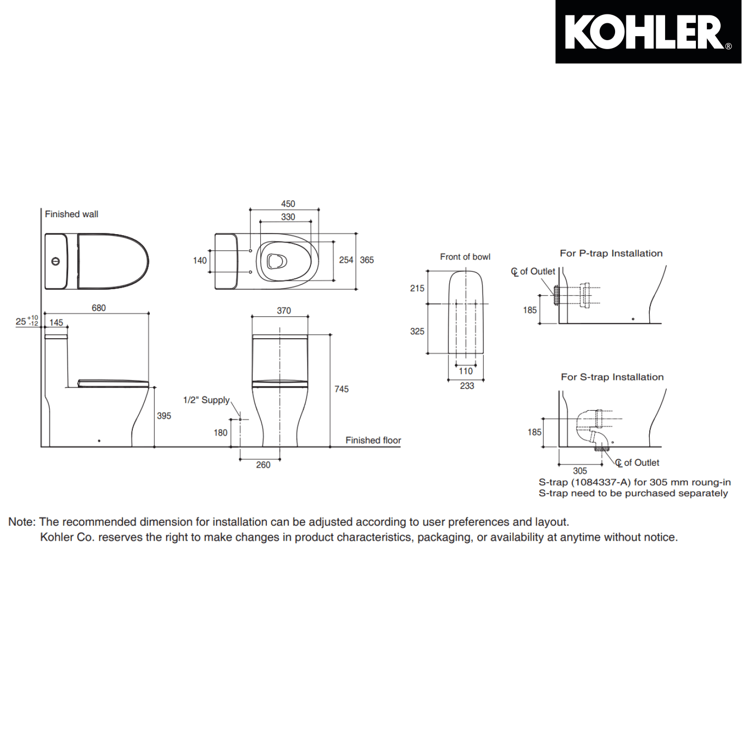 KOHLER K-25413H-0 REACH UP 連體式自由咀座廁