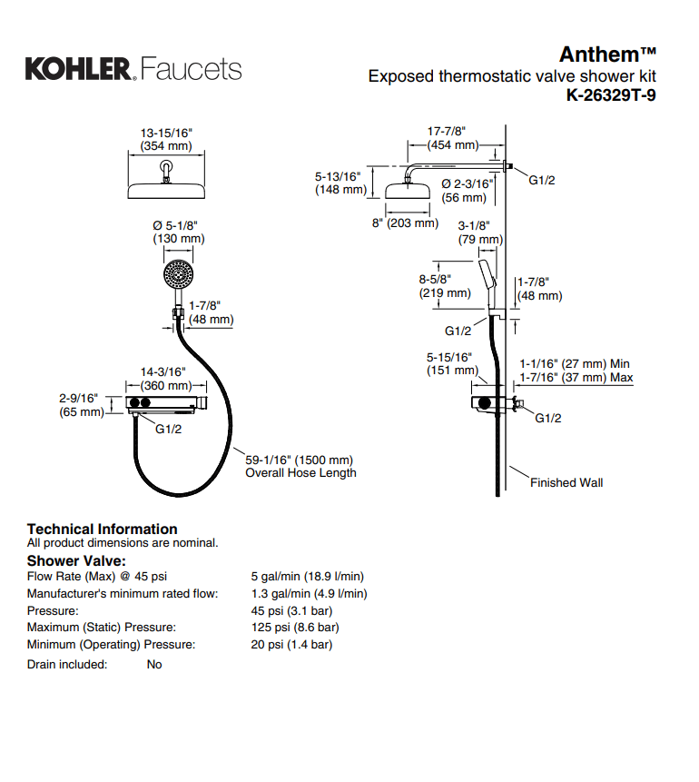 KOHLER K-26329T-9-CP ANTHEM™ 恆溫雙路出水淋浴龍頭 連單功能頭頂花灑 (拋光鍍鉻)