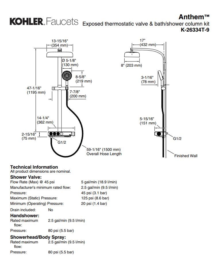KOHLER K-26334T-9-2MB ANTHEM ™ 恆溫四路出水淋浴柱 (摩登金)