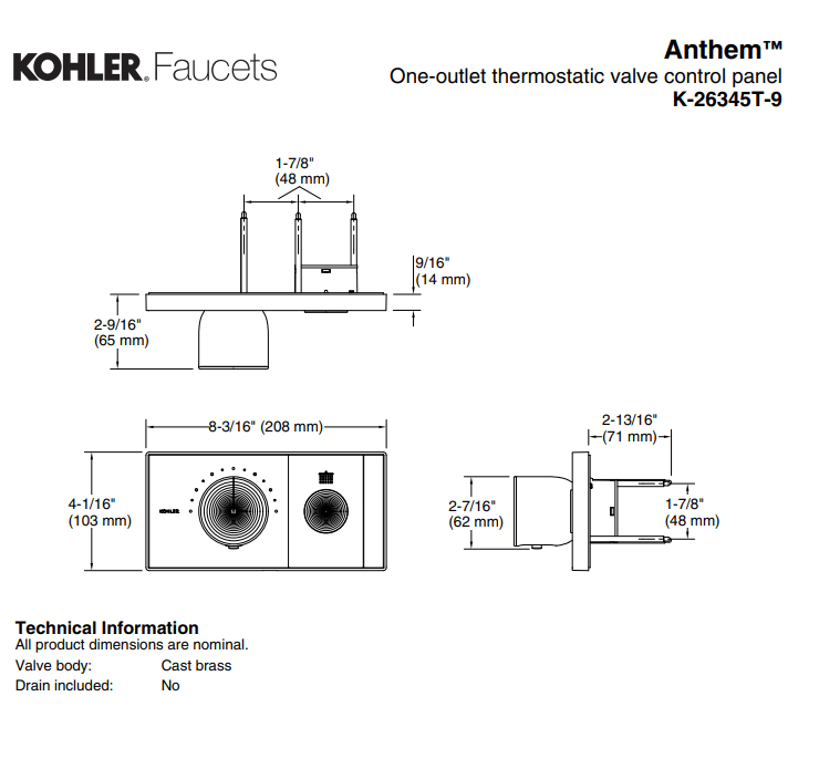 KOHLER K-26345T-9-2MB ANTHEM™ 單路嵌入式機械恆溫控制 (摩登金)