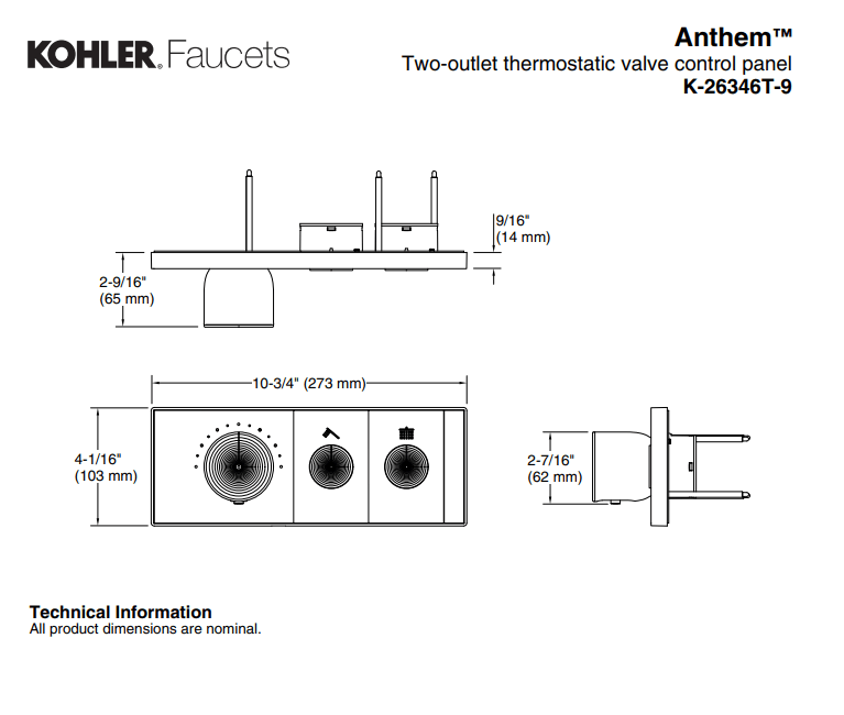 KOHLER K-26346T-9-2MB ANTHEM™ 雙路嵌入式機械恆溫控制 (摩登金)