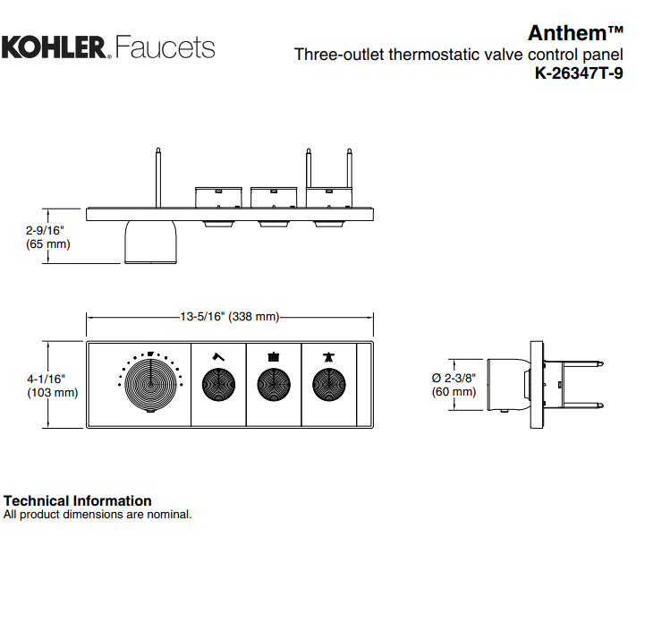 KOHLER K-26347T-9-BN ANTHEM™ 三路嵌入式機械恆溫控制 (羅曼銀)