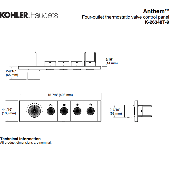 KOHLER K-26348T-9-CP ANTHEM™ 四路嵌入式機械恆溫控制