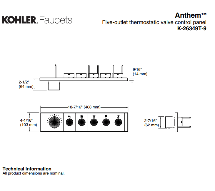 KOHLER K-26349T-9-CP ANTHEM™ 五路嵌入式機械恆溫控制