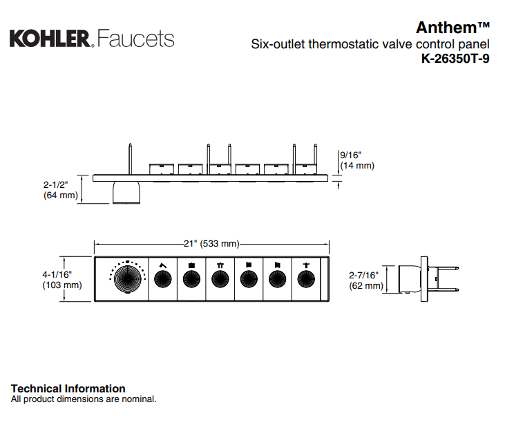 KOHLER K-26350T-9-CP ANTHEM™ 六路嵌入式機械恆溫控制