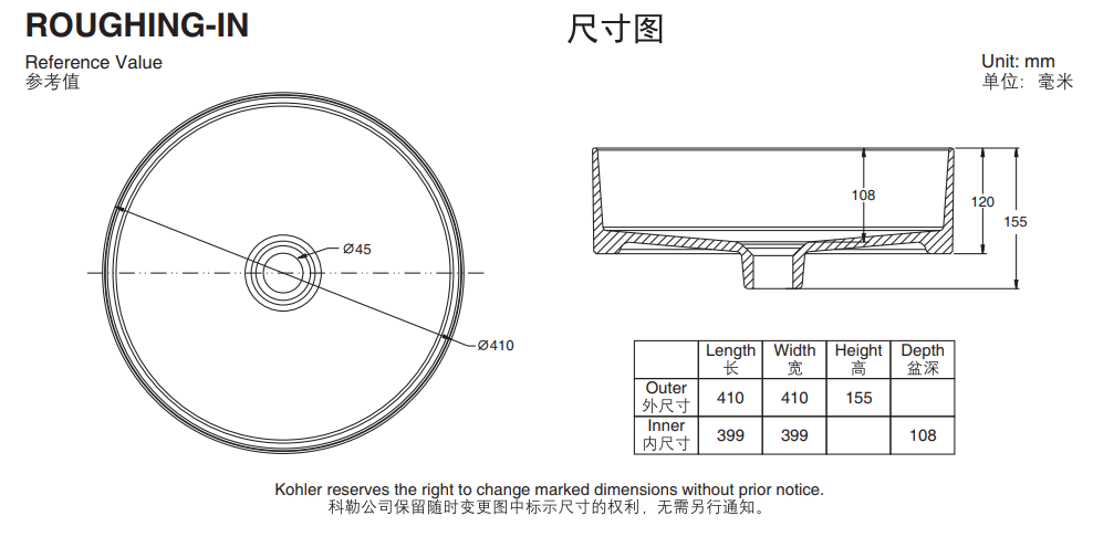 KOHLER K-26677T-0 MICA 圓形半崁式浴室面盆